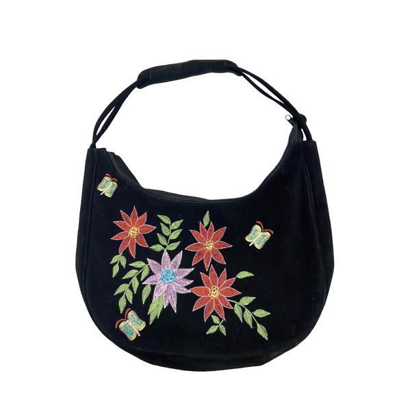 Newport News Handbags - Vintage Y2K Suede Leather Shoulder Bag Purse Black Embroidered Butterflies Asian